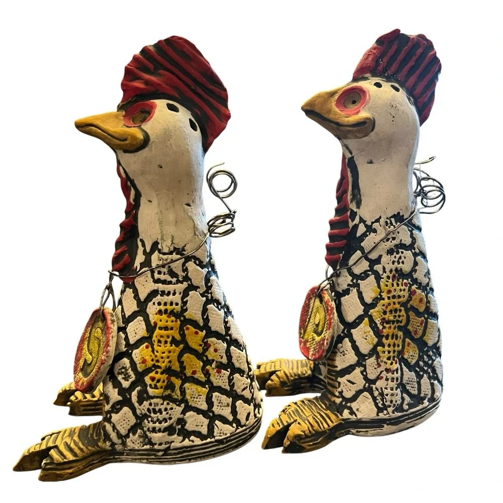Studio Art Pottery Rooster Salt & Pepper Shakers Folk Art Primitive Farmhouse 6
